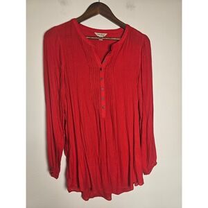 Boho Lucky Brand Henley Tunic Women Medium Red Pintuck Pleat Long Sleeve Rayon